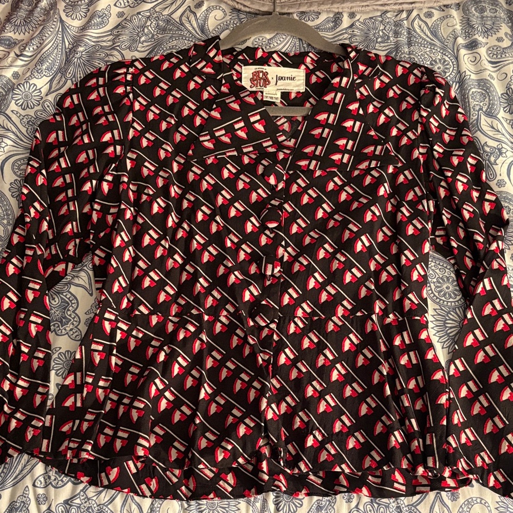 Joanie x Bus Stop Black, Cream and Red Geometric Blouse